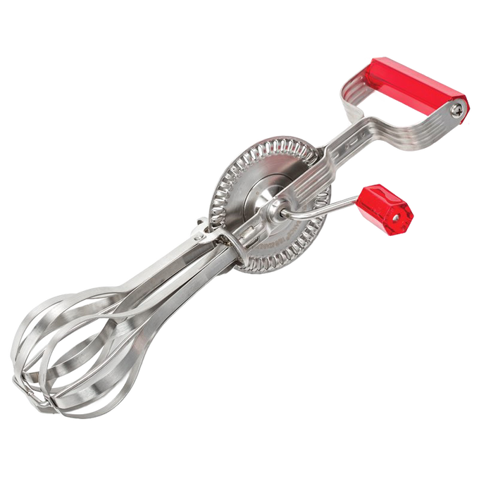 Vintage-style hand-cranked egg beater with antique 18/8 stainless steel beaters and red sturdy plastic handles, designed for Kitchen & Food, Kitchen Gadgets, and Baking Helpers collections.