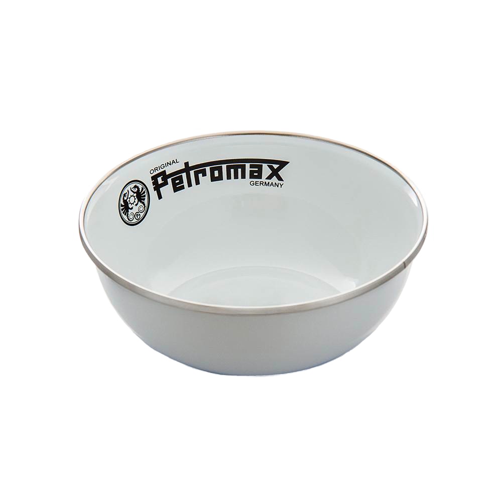 White enamel bowl with subtle black rim and Petromax logo, designed for durable, corrosion- and heat-resistant outdoor use in Farm, Garden & Tool, Kitchen & Food, Camping, Dinnerware, and Best Sellers collections.