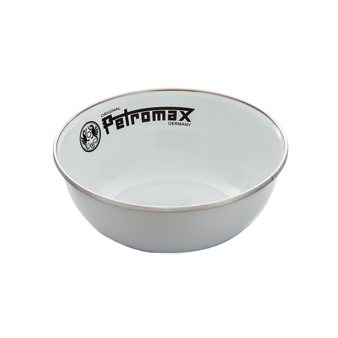 White enamel bowl with subtle black rim and Petromax logo, designed for durable, corrosion- and heat-resistant outdoor use in Farm, Garden & Tool, Kitchen & Food, Camping, Dinnerware, and Best Sellers collections.