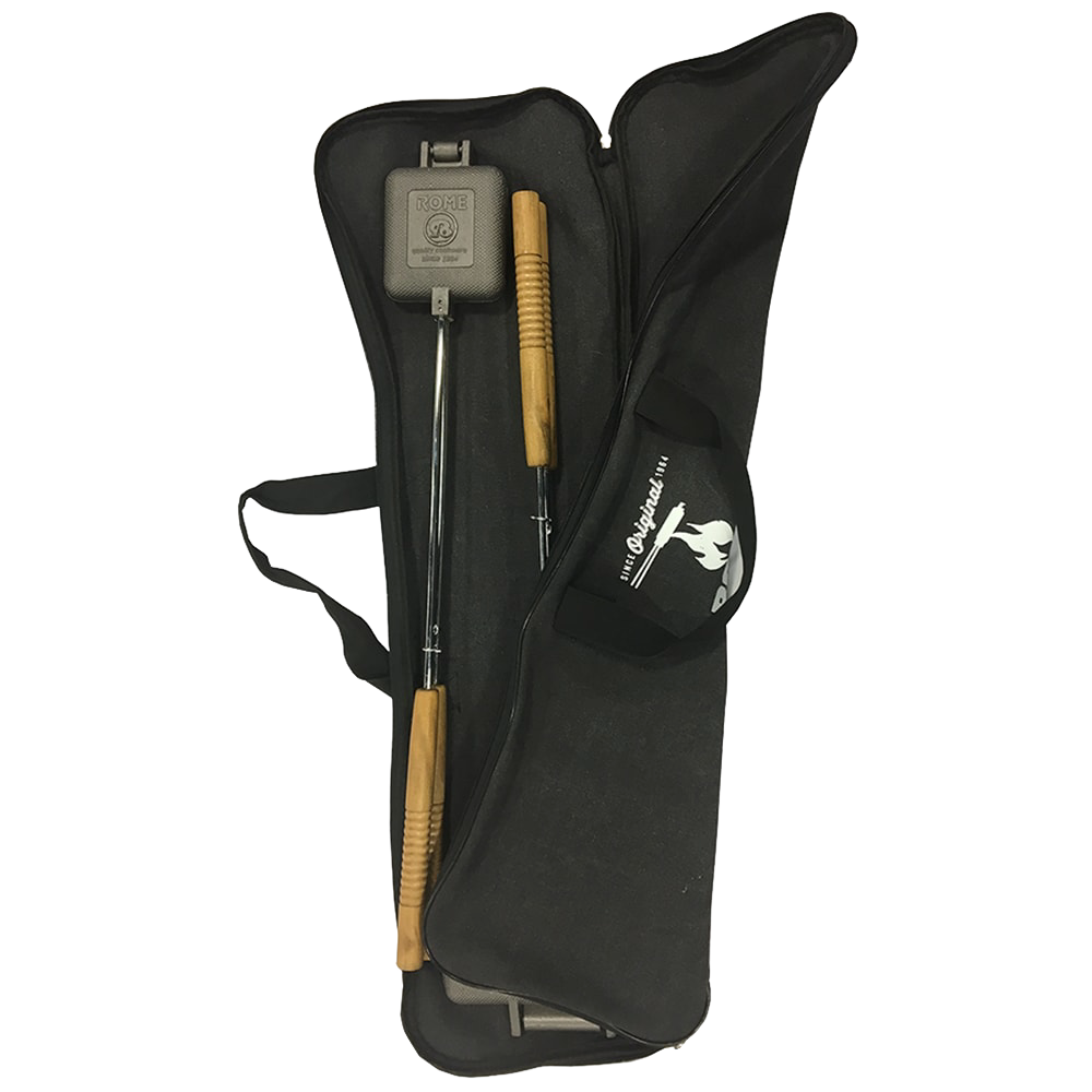 Durable black canvas carrying bag with zip closure holding wooden-handled pie irons, suitable for Farm, Garden & Tool, Camping, Best Sellers, and Promo Eligible collections.