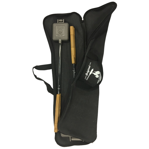 Durable black canvas carrying bag with zip closure holding wooden-handled pie irons, suitable for Farm, Garden & Tool, Camping, Best Sellers, and Promo Eligible collections.