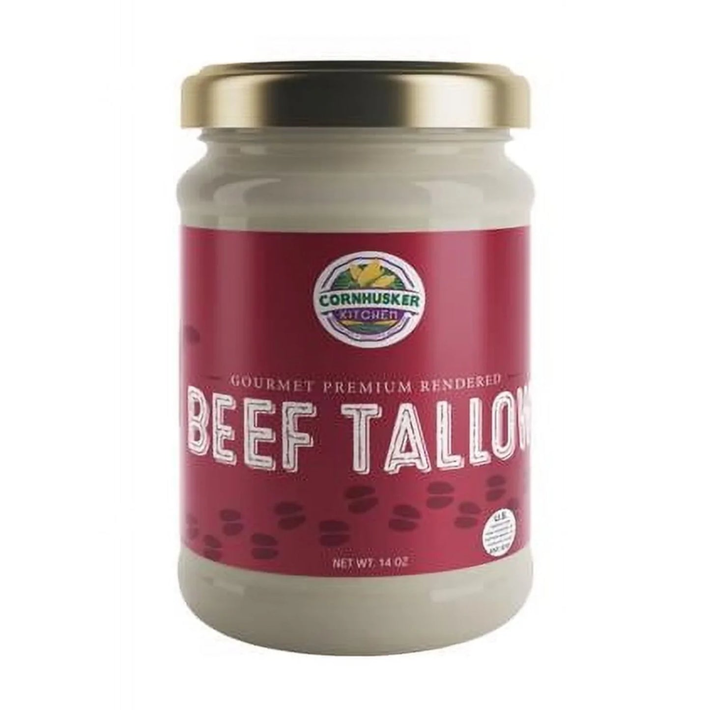 Glass jar of gourmet premium rendered beef tallow with a red label and gold lid, ideal for frying and searing, featured in Kitchen & Food, Pantry, USA Made, and Best Sellers collections.