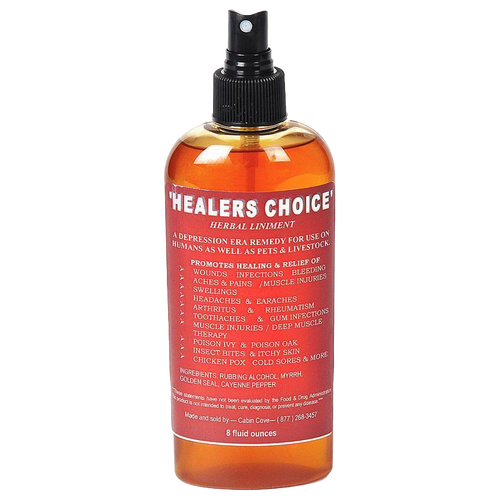 Amber spray bottle of handcrafted Healer's Choice herbal liniment with red label detailing natural pain relief and healing properties, made in USA, featured in health remedies and wellness collections.