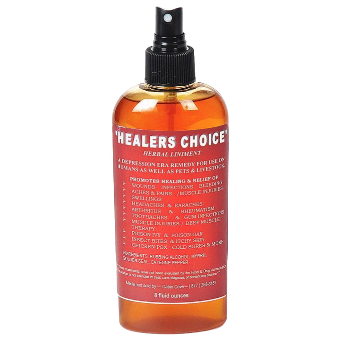 Amber spray bottle of handcrafted Healer's Choice herbal liniment with red label detailing natural pain relief and healing properties, made in USA, featured in health remedies and wellness collections.