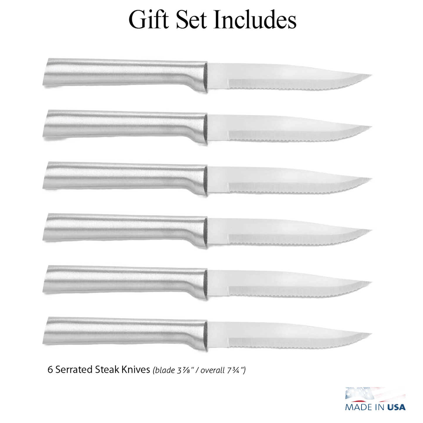 Set of six handcrafted serrated steak knives with stainless steel handles, designed for precise cutting and included in Farm, Garden & Tool, Kitchen Knives, and USA Made collections.