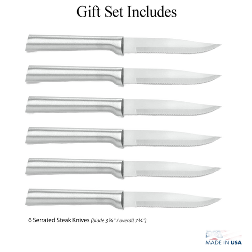 Set of six handcrafted serrated steak knives with stainless steel handles, designed for precise cutting and included in Farm, Garden & Tool, Kitchen Knives, and USA Made collections.