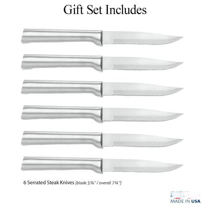 Set of six handcrafted serrated steak knives with stainless steel handles, designed for precise cutting and included in Farm, Garden & Tool, Kitchen Knives, and USA Made collections.