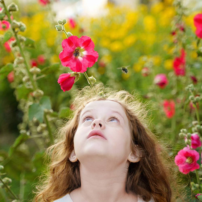Young child with curly hair looking up at a vibrant garden full of blooming red and yellow flowers, capturing a peaceful outdoor moment ideal for Health & Wellness and Farm, Garden & Tool collections.