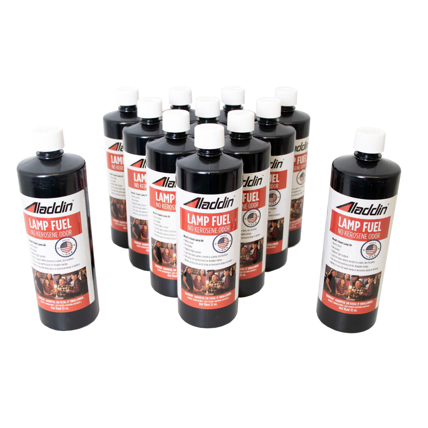 Group of black bottles labeled Aladdin lamp fuel with white caps, featuring no kerosene odor, displayed for Lamps & Lighting, Lamp and Lantern Fuel, Parts and Accessories, Best Sellers, and Promo Eligible collections.
