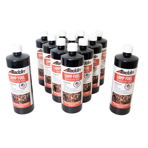 Group of black bottles labeled Aladdin lamp fuel with white caps, featuring no kerosene odor, displayed for Lamps & Lighting, Lamp and Lantern Fuel, Parts and Accessories, Best Sellers, and Promo Eligible collections.