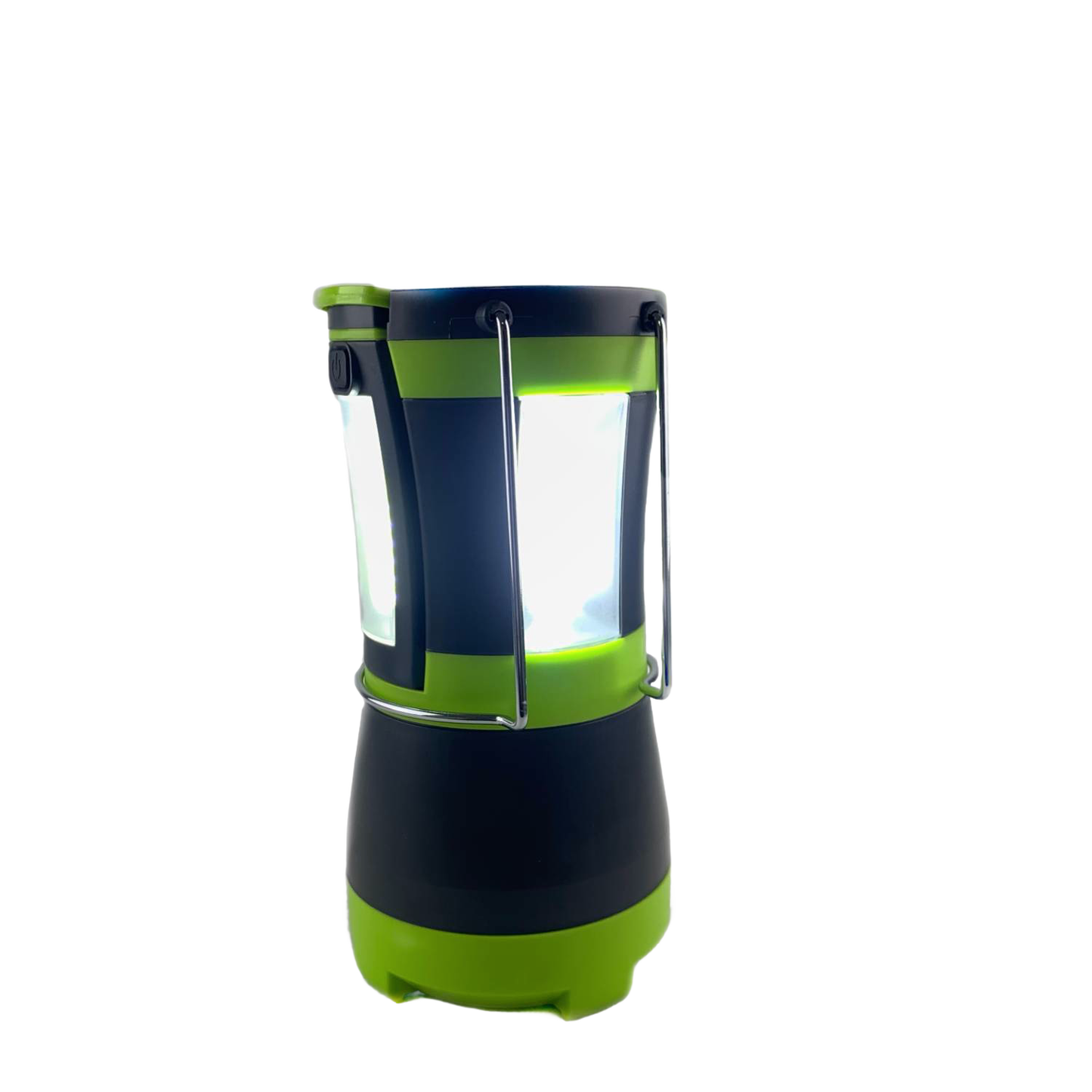 Black and green LED lantern emitting bright white light, featuring a sturdy metal hanging handle, designed for versatile use in camping, emergency supplies, and outdoor lighting collections.