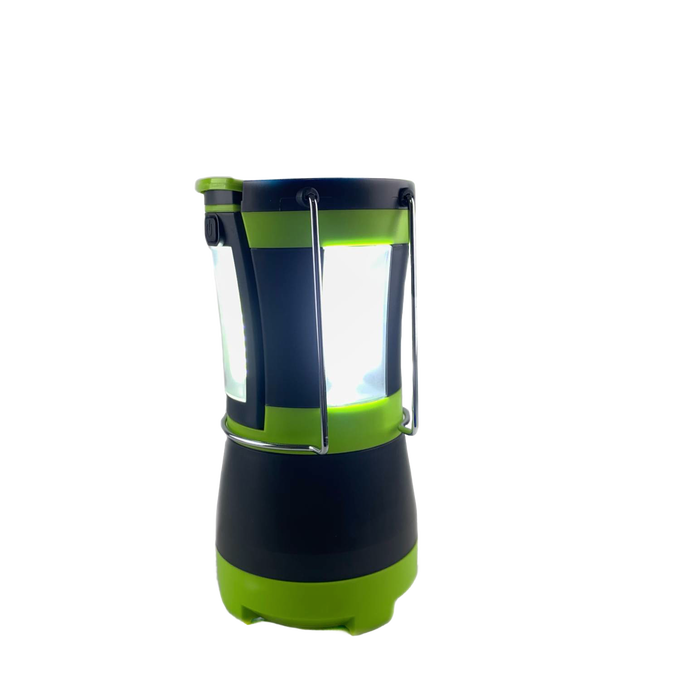 Black and green LED lantern emitting bright white light, featuring a sturdy metal hanging handle, designed for versatile use in camping, emergency supplies, and outdoor lighting collections.