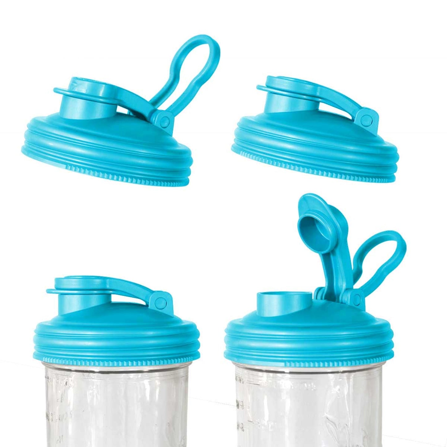 Set of blue wide-mouth pour lids with flip-top spouts and carry loops made from durable no-break plastic, designed for mason jars, ideal for Kitchen & Food, Kitchen Gadgets, USA Made, and Best Sellers collections.