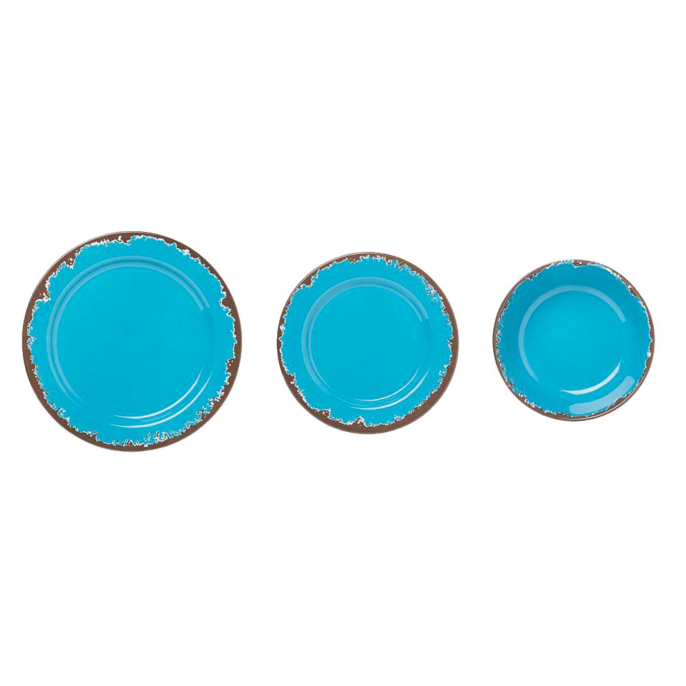 Set of three rustic turquoise melamine dishes including a dinner plate, salad plate, and bowl with distressed edges, perfect for Kitchen & Food, Storage and Serving, Best Sellers, and Promo Eligible collections.