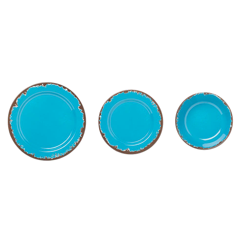 Set of three rustic turquoise melamine dishes including a dinner plate, salad plate, and bowl with distressed edges, perfect for Kitchen & Food, Storage and Serving, Best Sellers, and Promo Eligible collections.