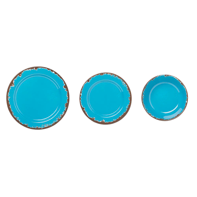 Set of three rustic turquoise melamine dishes including a dinner plate, salad plate, and bowl with distressed edges, perfect for Kitchen & Food, Storage and Serving, Best Sellers, and Promo Eligible collections.