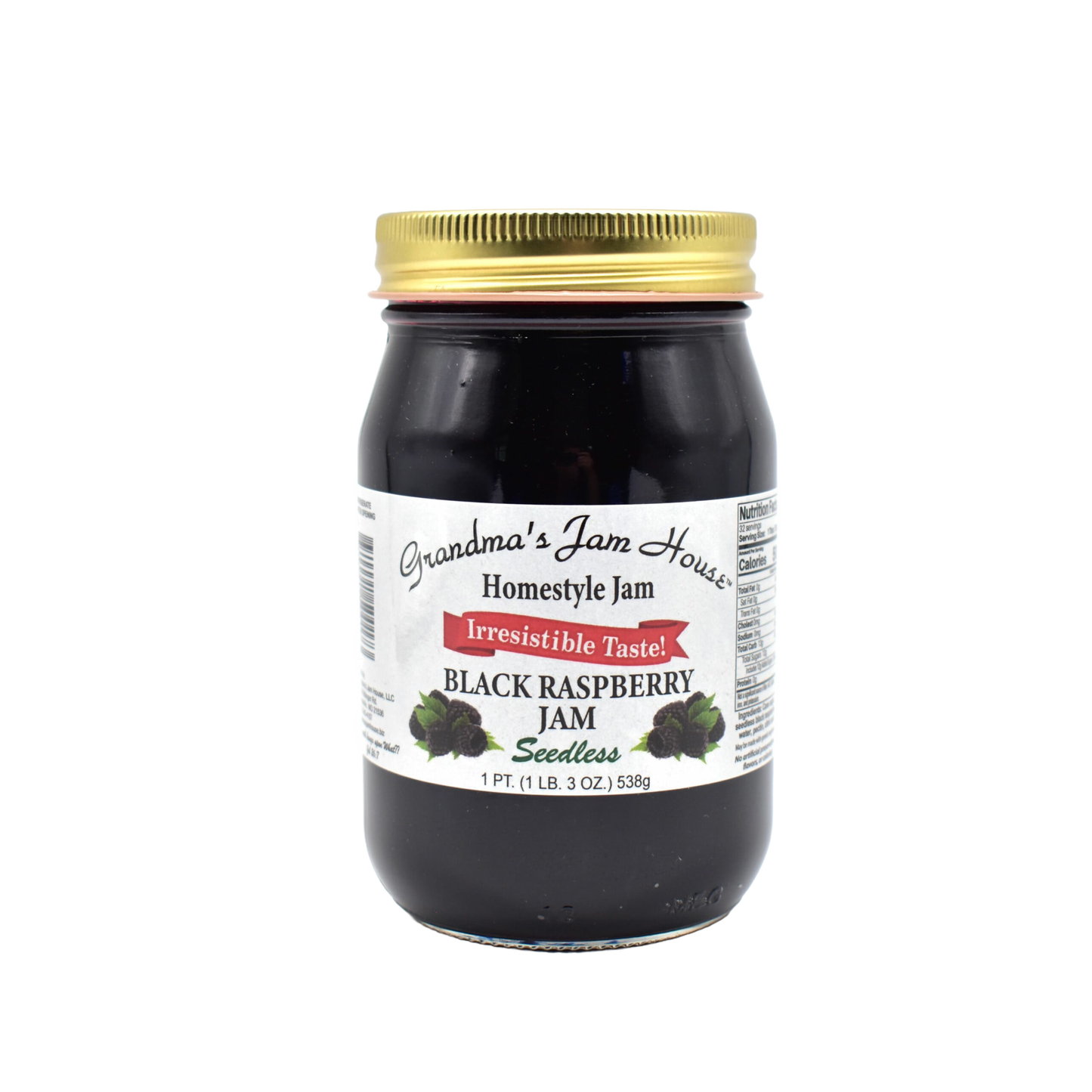 Handcrafted jar of seedless black raspberry jam with gold metal lid and white label featuring fruit illustrations and "Irresistible Taste" banner, made in USA, ideal for Kitchen & Food, Pantry, Peanut Butter & Jellies, USA Made, Best Sellers, and Promo Eligible collections.