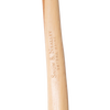 Close-up of a handcrafted hickory axe handle engraved with branding, featuring a leather blade guard, part of Farm, Garden & Tool, Hand Tools and Hardware, and USA Made collections.