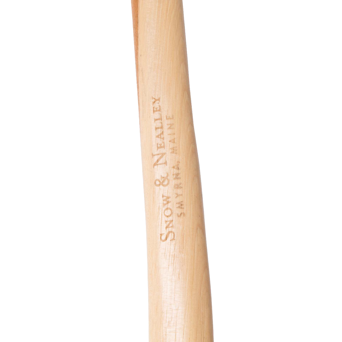 Close-up of a handcrafted hickory axe handle engraved with branding, featuring a leather blade guard, part of Farm, Garden & Tool, Hand Tools and Hardware, and USA Made collections.