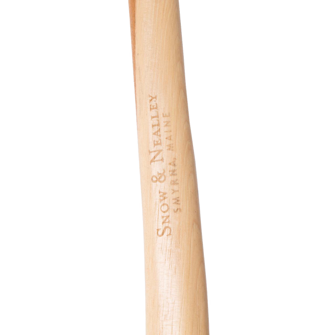 Close-up of a handcrafted hickory axe handle engraved with branding, featuring a leather blade guard, part of Farm, Garden & Tool, Hand Tools and Hardware, and USA Made collections.