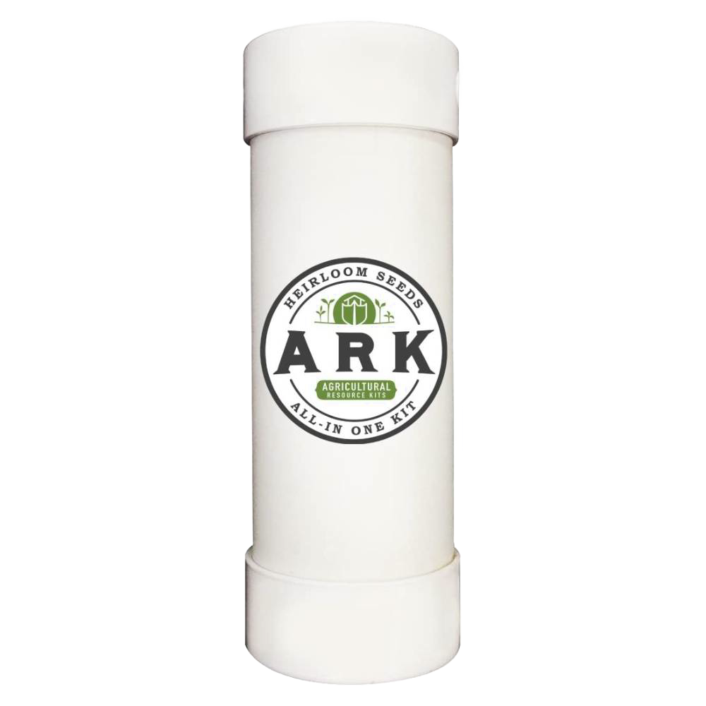 White cylindrical container featuring a handcrafted design from USA, holding ARK heirloom seeds kit for farm, garden, and sustainable planting needs.