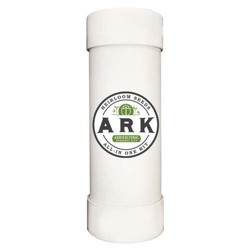 White cylindrical container featuring a handcrafted design from USA, holding ARK heirloom seeds kit for farm, garden, and sustainable planting needs.
