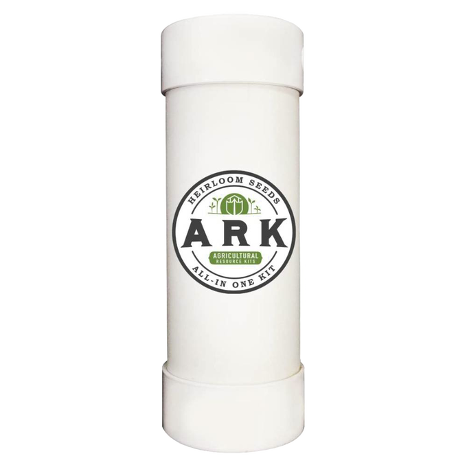 White cylindrical container featuring a handcrafted design from USA, holding ARK heirloom seeds kit for farm, garden, and sustainable planting needs.