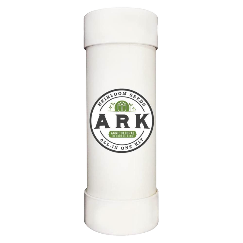 White cylindrical container featuring a handcrafted design from USA, holding ARK heirloom seeds kit for farm, garden, and sustainable planting needs.