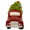 Handcrafted dolomite red truck carrying a vibrant green Christmas tree adorned with colorful LED lights, battery operated, perfect for Home & Decor, Holiday Decor, Best Sellers, and Promo Eligible collections.