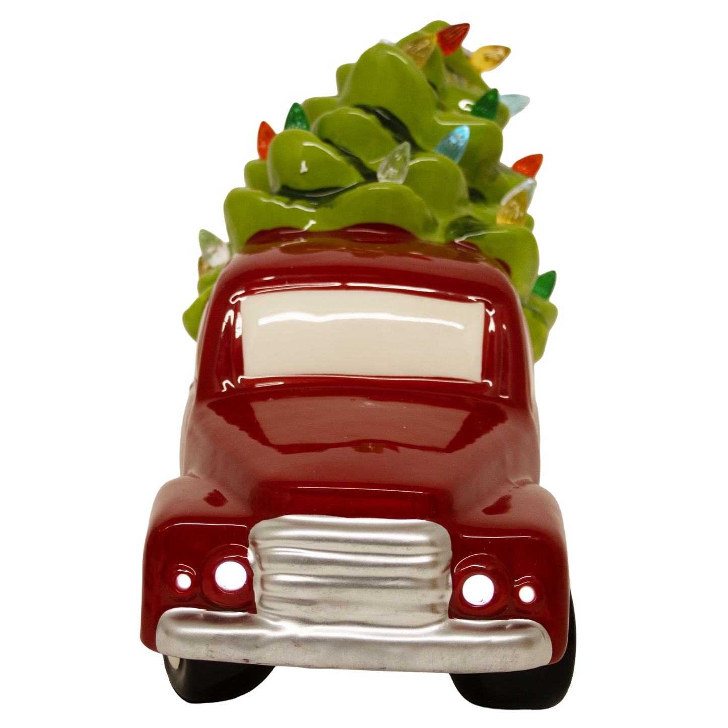 Handcrafted dolomite red truck carrying a vibrant green Christmas tree adorned with colorful LED lights, battery operated, perfect for Home & Decor, Holiday Decor, Best Sellers, and Promo Eligible collections.