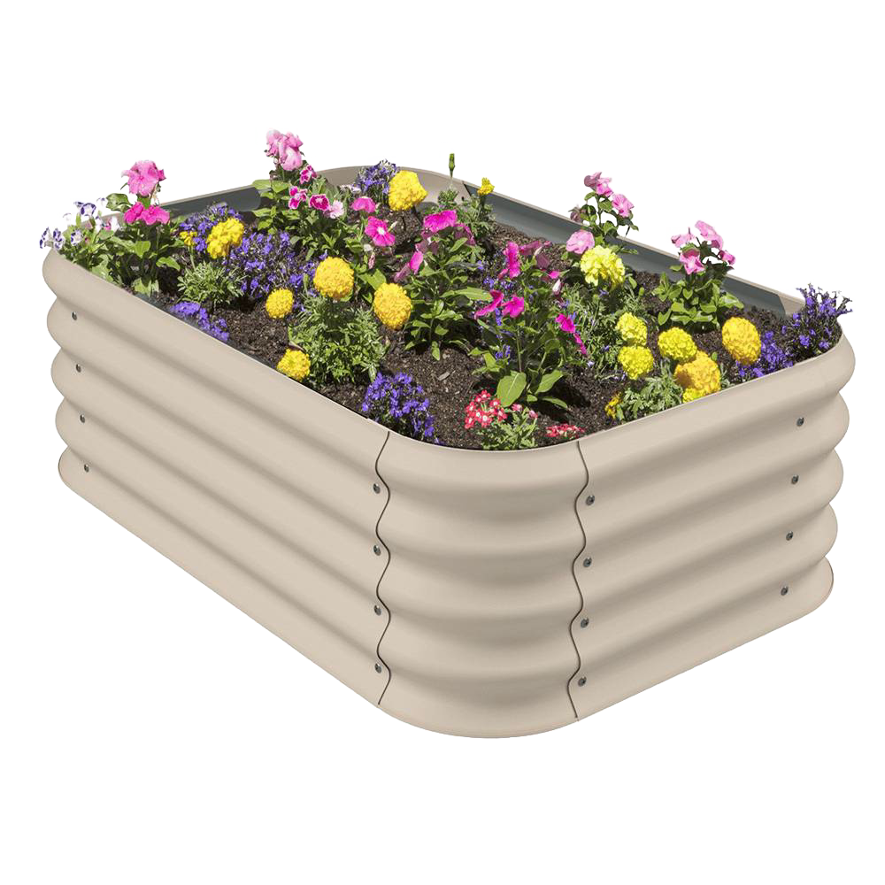 Beige corrugated steel raised garden bed filled with soil and colorful blooming flowers, ideal for Farm, Garden & Tool, Garden Accessories, Seeds and Planting, Best Sellers, and Promo Eligible collections.