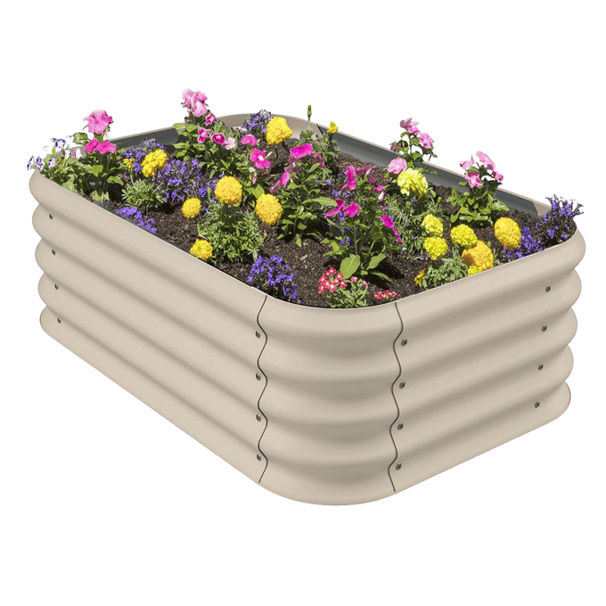 Beige corrugated steel raised garden bed filled with soil and colorful blooming flowers, ideal for Farm, Garden & Tool, Garden Accessories, Seeds and Planting, Best Sellers, and Promo Eligible collections.