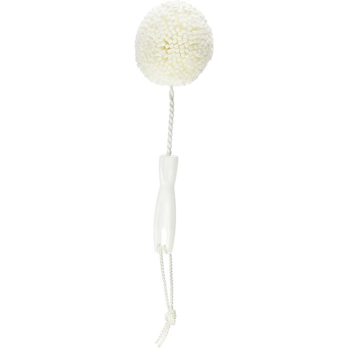 Round white foam brush with durable handle and braided hanging loop, designed for versatile kitchen cleaning without scratching glass or porcelain, handcrafted in USA for Home & Decor and Cleaning Utensils collections.