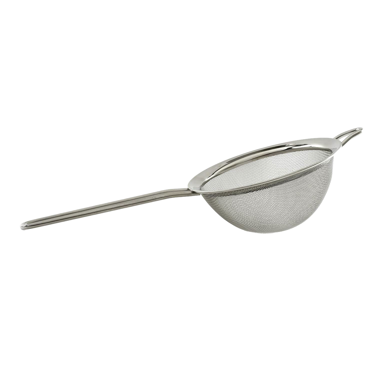 Stainless steel kitchen strainer with fine mesh, long handle, and resting ring for pot or bowl support, crafted for food prep in Kitchen & Food, Gadgets, and Cooking collections.