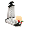Two stainless steel cheese graters with razor-sharp fine, medium, and coarse sides, featuring ergonomic black handles and non-slip bases, shown with cheese and tomatoes, perfect for Kitchen & Food and Cooking and Baking Helpers collections.