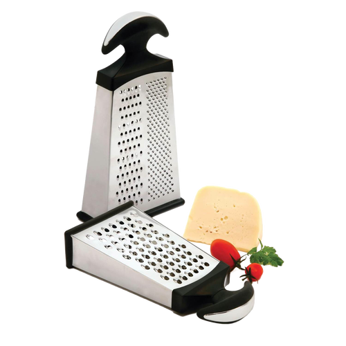 Two stainless steel cheese graters with razor-sharp fine, medium, and coarse sides, featuring ergonomic black handles and non-slip bases, shown with cheese and tomatoes, perfect for Kitchen & Food and Cooking and Baking Helpers collections.