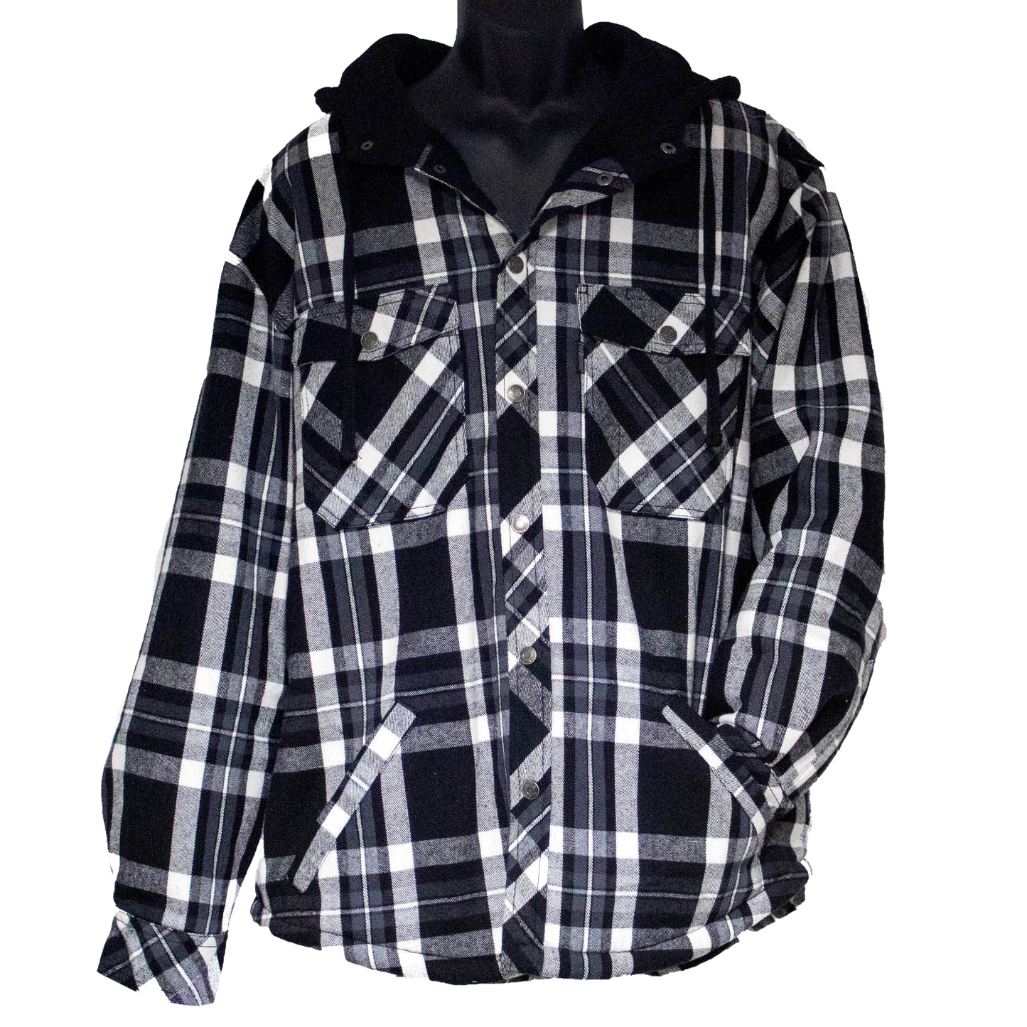 Men’s black and white plaid flannel jacket featuring a sherpa-lined interior hood, designed with an original fit for warmth and comfort, suited for health and wellness wardrobes.