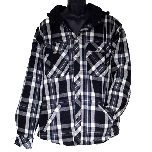 Men’s black and white plaid flannel jacket featuring a sherpa-lined interior hood, designed with an original fit for warmth and comfort, suited for health and wellness wardrobes.