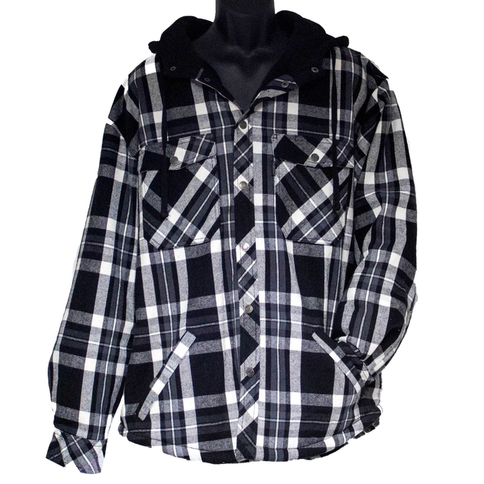 Men’s black and white plaid flannel jacket featuring a sherpa-lined interior hood, designed with an original fit for warmth and comfort, suited for health and wellness wardrobes.