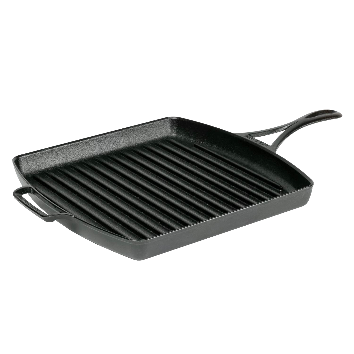 Lightweight square cast iron grill pan with raised ridges and dual handles, featuring a triple-seasoned nonstick surface, handcrafted and made in USA, ideal for Kitchen & Food and Cookware collections.