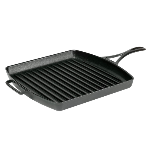 Lightweight square cast iron grill pan with raised ridges and dual handles, featuring a triple-seasoned nonstick surface, handcrafted and made in USA, ideal for Kitchen & Food and Cookware collections.