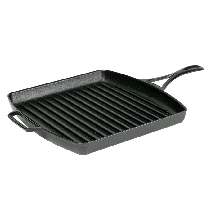 Lightweight square cast iron grill pan with raised ridges and dual handles, featuring a triple-seasoned nonstick surface, handcrafted and made in USA, ideal for Kitchen & Food and Cookware collections.