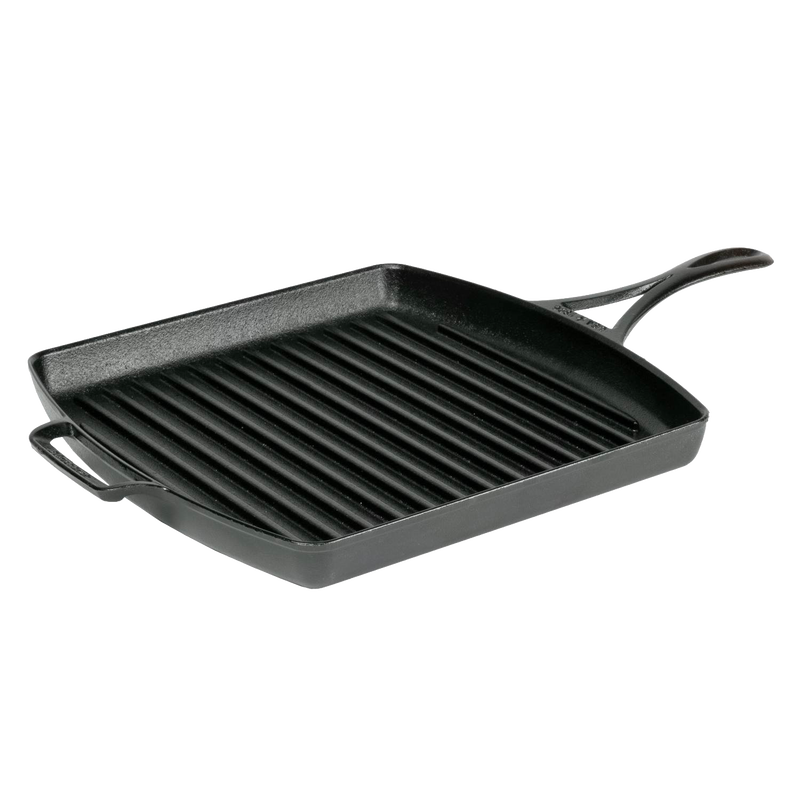 Lightweight square cast iron grill pan with raised ridges and dual handles, featuring a triple-seasoned nonstick surface, handcrafted and made in USA, ideal for Kitchen & Food and Cookware collections.
