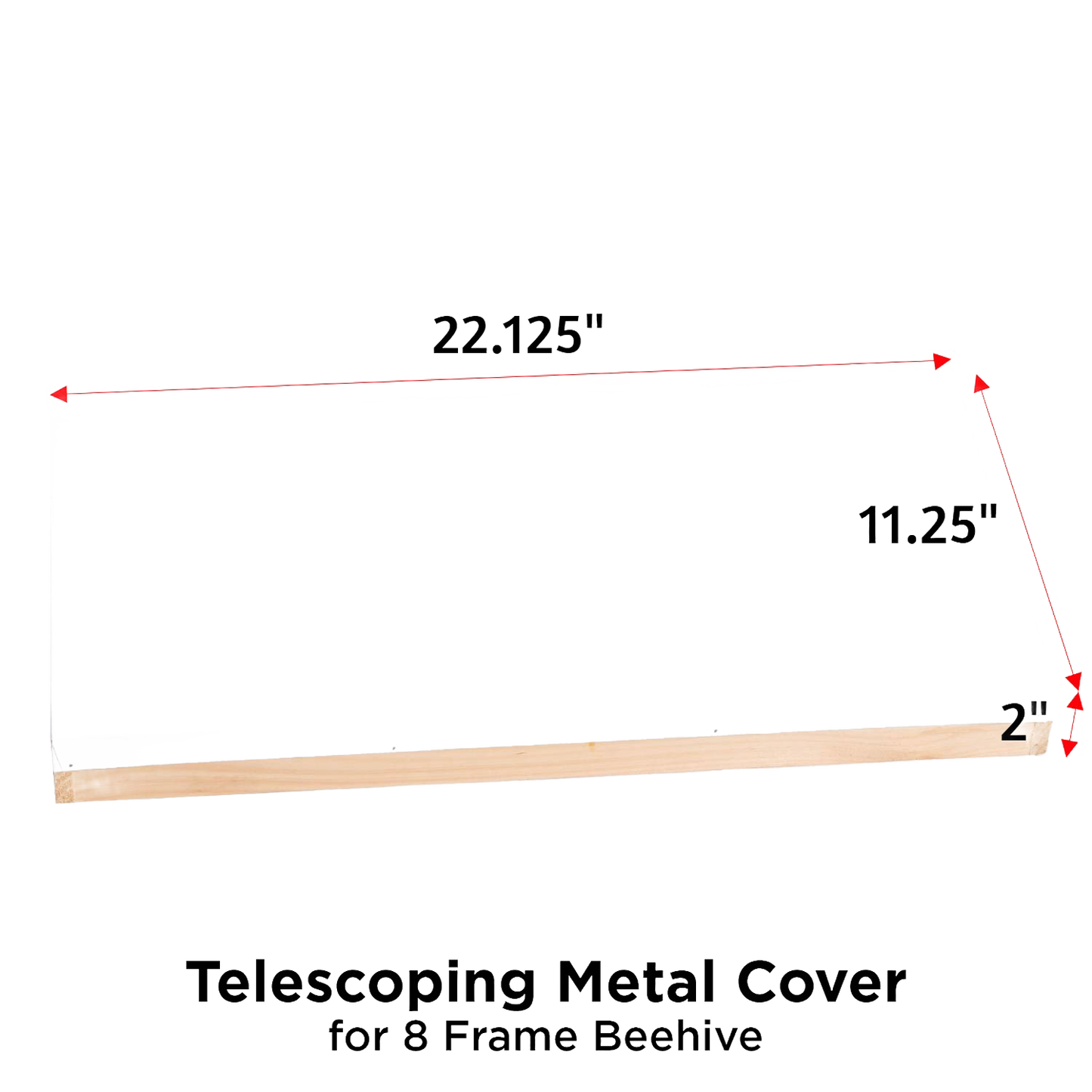 Handcrafted Amish-made metal cover with telescoping design measuring 22 1/8 by 11 1/4 inches, perfect for protecting 8-frame hives in farm, garden, and beekeeping collections.