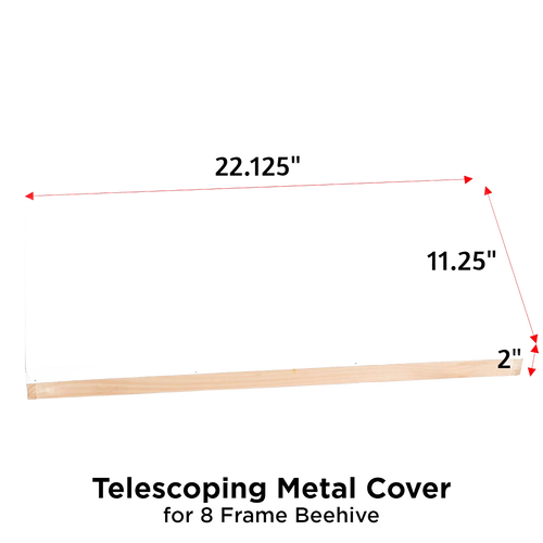Handcrafted Amish-made metal cover with telescoping design measuring 22 1/8 by 11 1/4 inches, perfect for protecting 8-frame hives in farm, garden, and beekeeping collections.