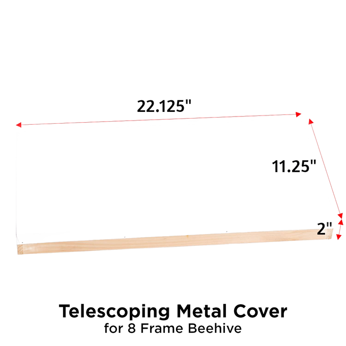 Handcrafted Amish-made metal cover with telescoping design measuring 22 1/8 by 11 1/4 inches, perfect for protecting 8-frame hives in farm, garden, and beekeeping collections.