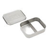 Open stainless steel snack container with two compartments and a separate lid, designed for organized food storage, featured in Kitchen & Food and Storage collections.