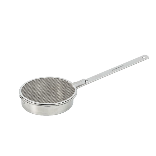 Stainless steel toasting pan with a ridged base and mesh screen, designed for even roasting of nuts and seeds, ideal for Kitchen & Food and Cookware collections.