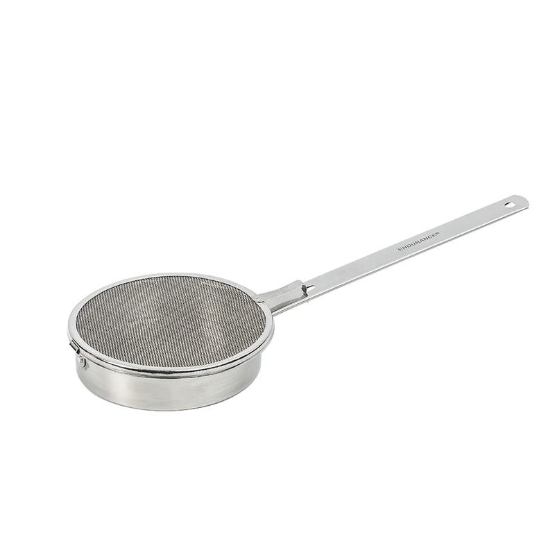Stainless steel toasting pan with a ridged base and mesh screen, designed for even roasting of nuts and seeds, ideal for Kitchen & Food and Cookware collections.