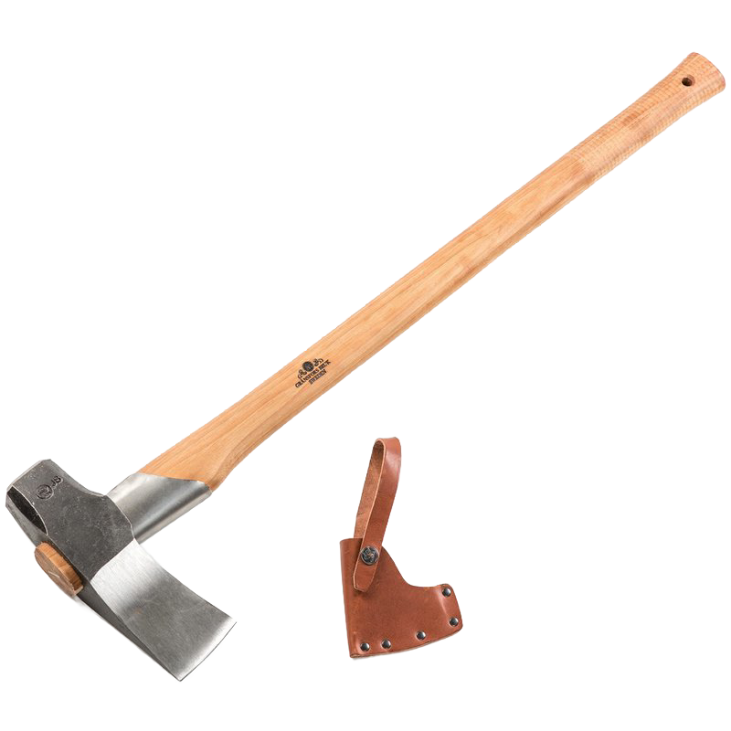Hand-forged splitting maul with a wooden handle and protective leather sheath, designed for wood cutting and hauling, featured in Farm, Garden & Tool, Knives & Axes, Axes, Best Sellers, and Promo Eligible collections.